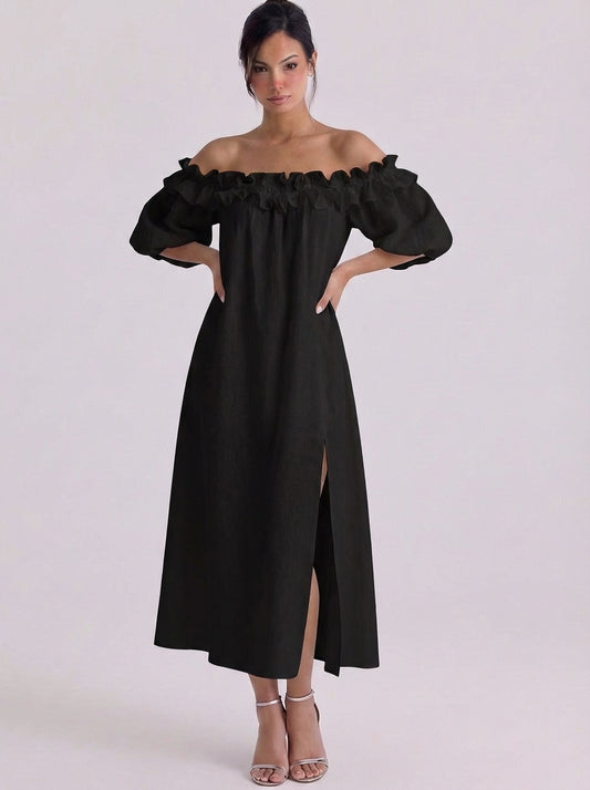 Linen Off Shoulder Ruffle Midi Dress With Puff