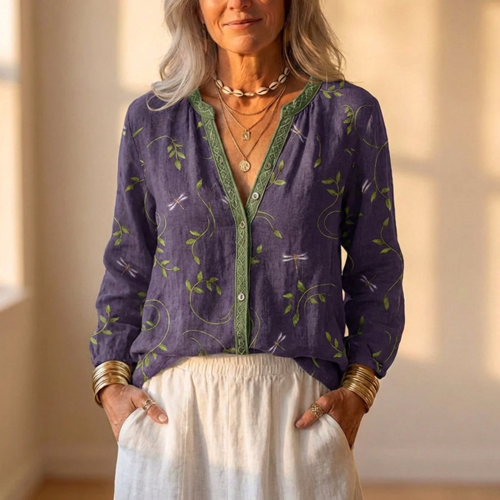 Linen Shirt With Navy Botanical And Green Trim Detail