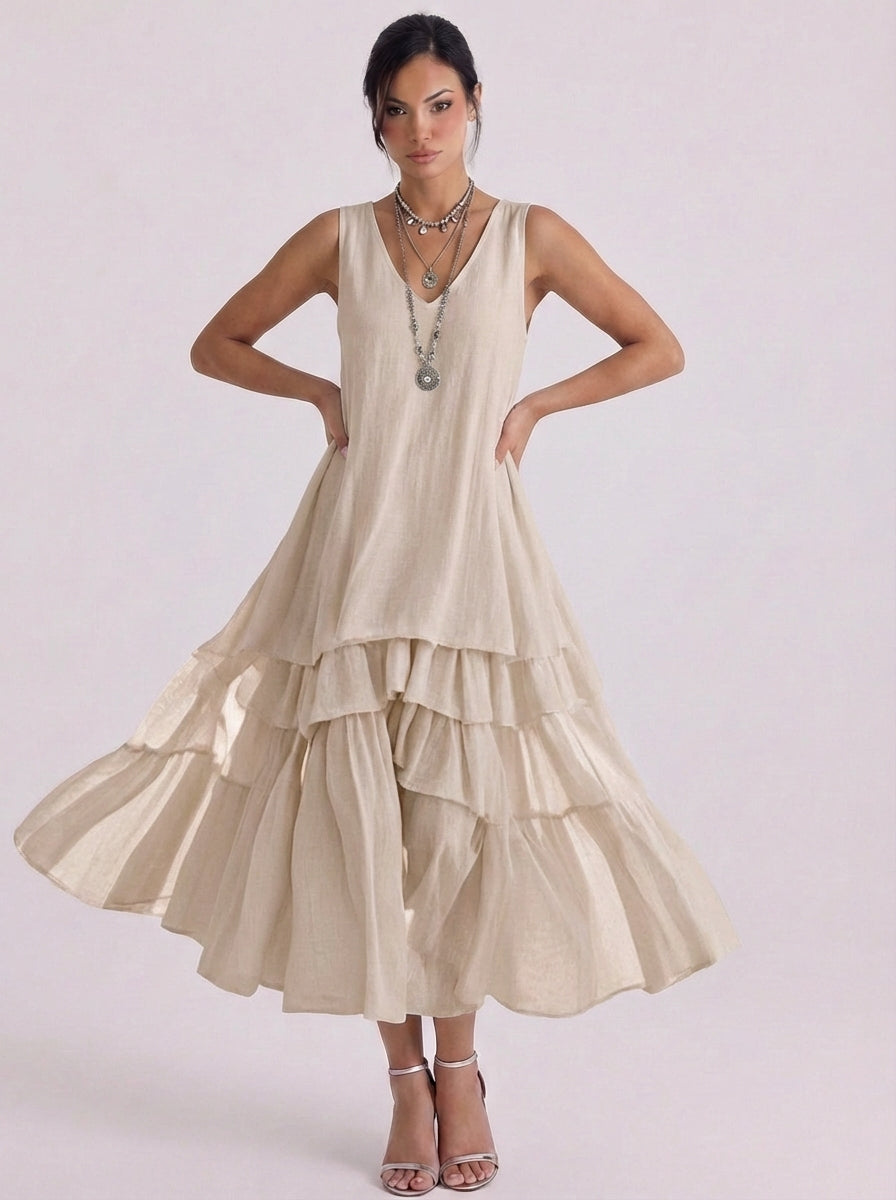 Linen Tiered Ruffle Midi Dress