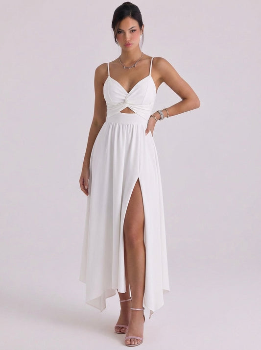 Linen Twist Front Cutout Maxi Dress With High Slit