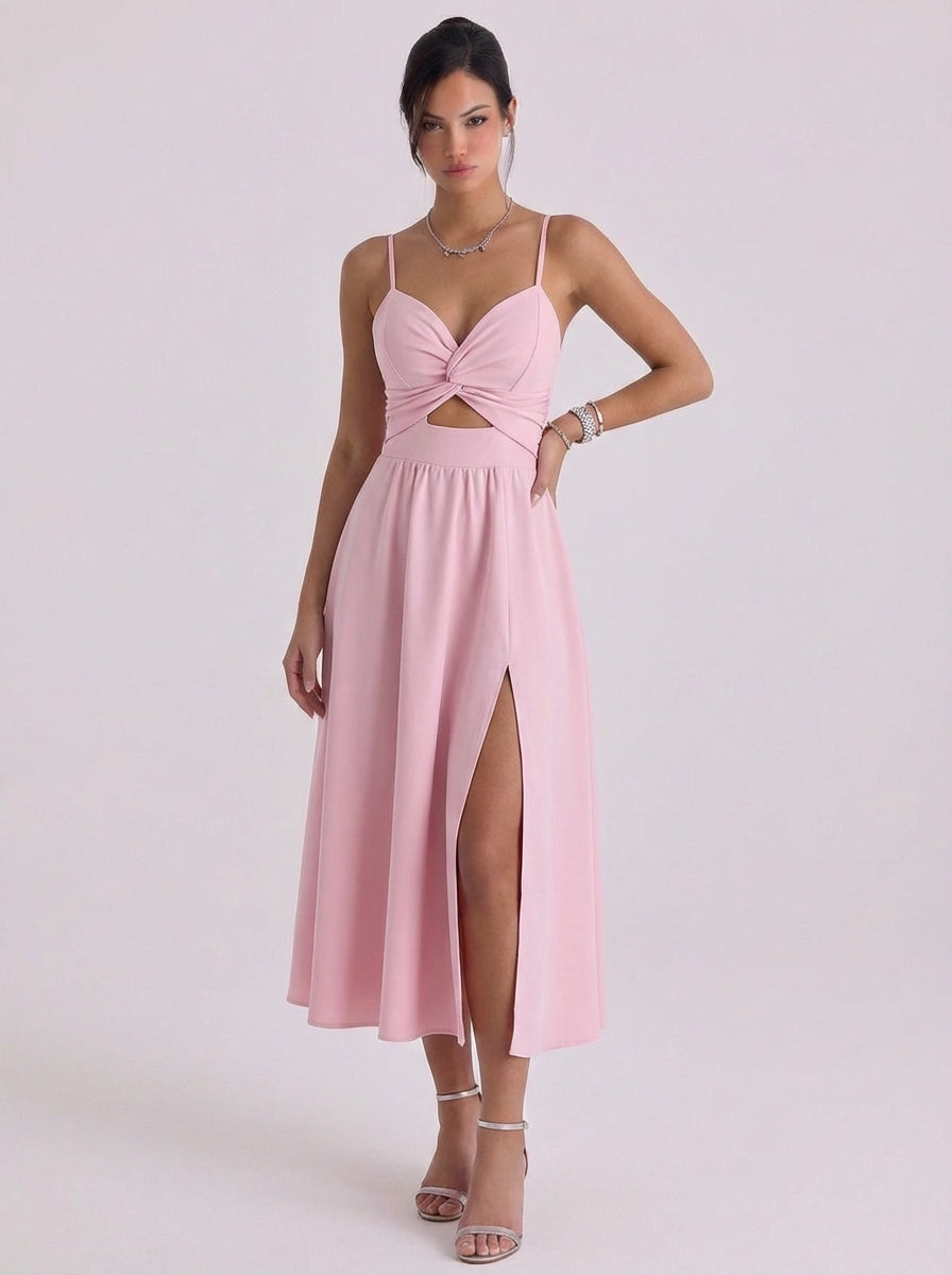 Linen Twist Front Cutout Maxi Dress With High Slit
