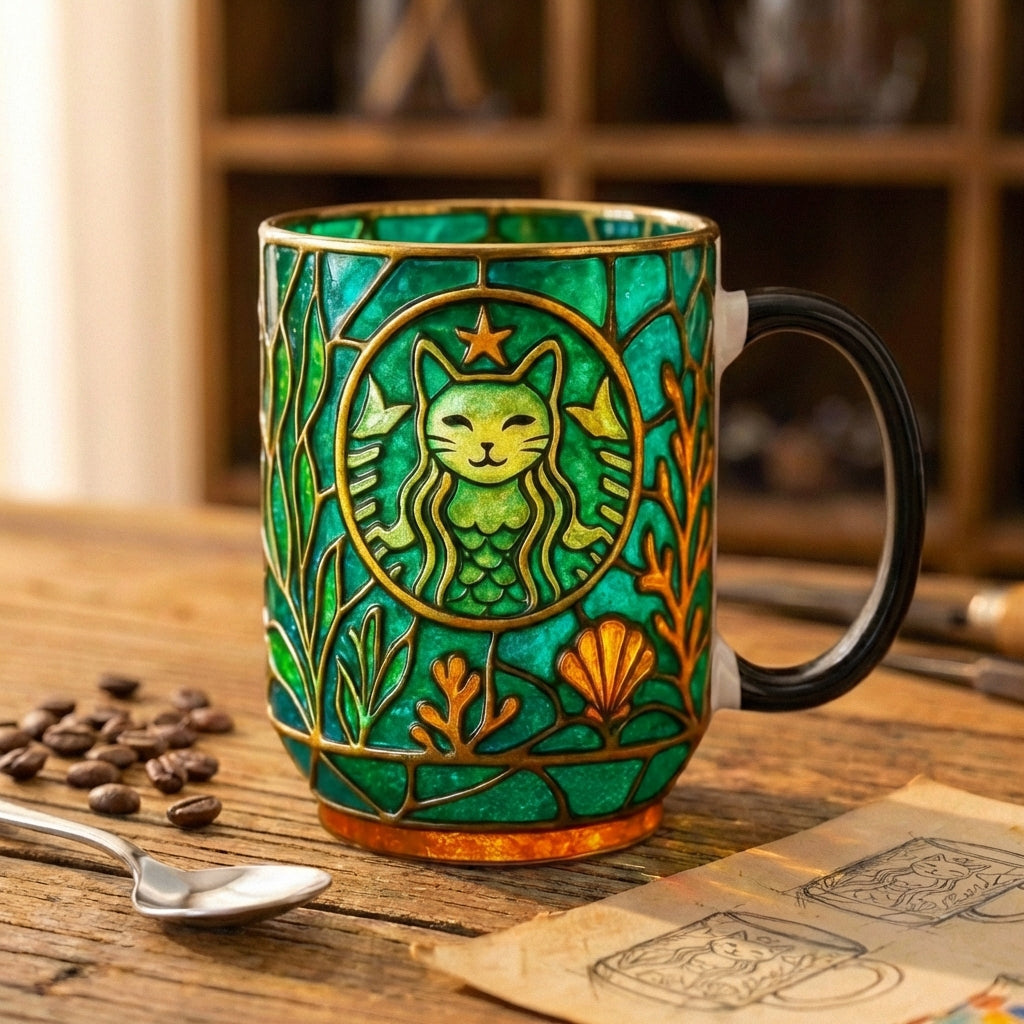 Mermaid Cat Stained Glass Mug