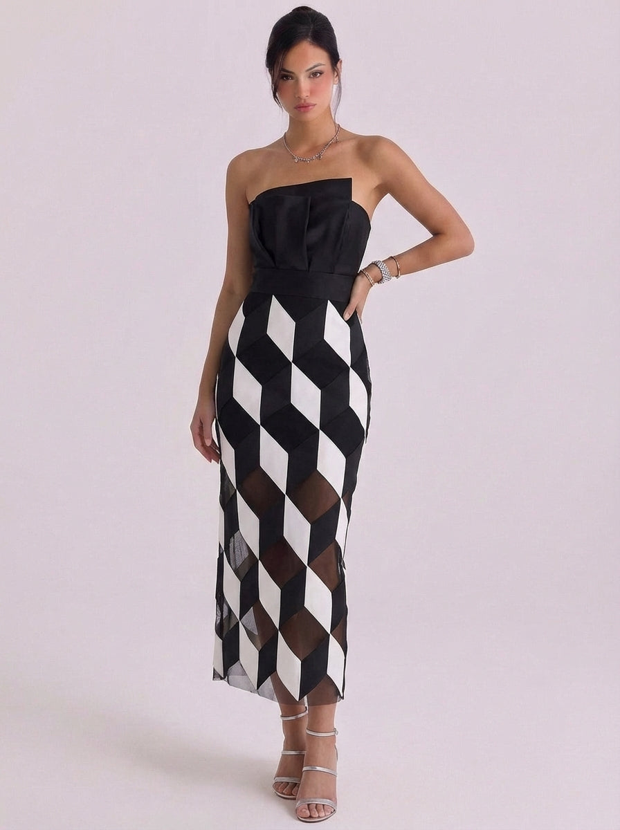 Mesh Geometric Print Strapless Maxi Dress