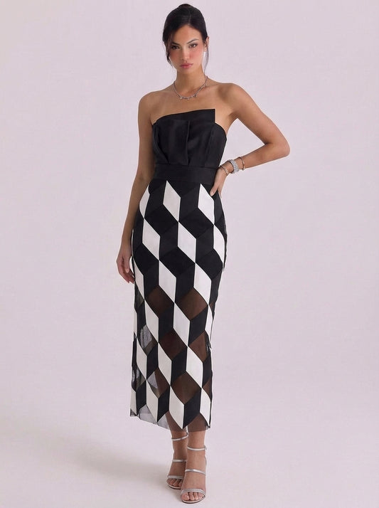 Mesh Geometric Print Strapless Maxi Dress