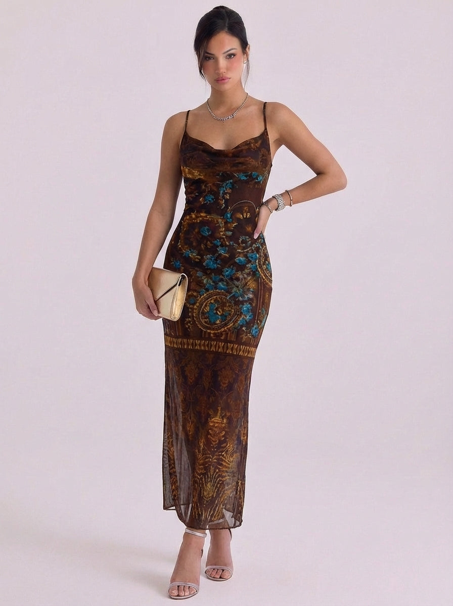 Mesh Printed Slip Maxi Dress