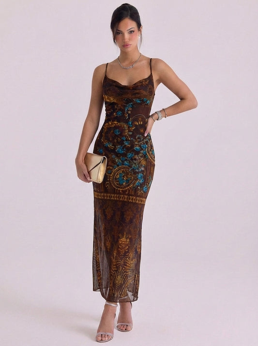 Mesh Printed Slip Maxi Dress