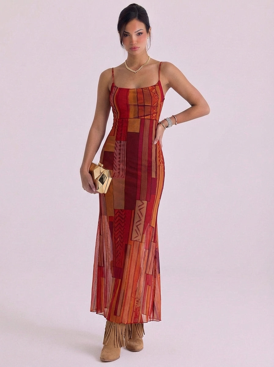 Mesh Printed Slip Maxi Dress
