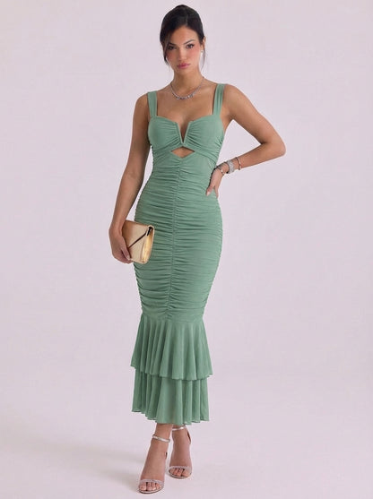 Mesh Ruched Mermaid Midi Dress With Tiered Hem