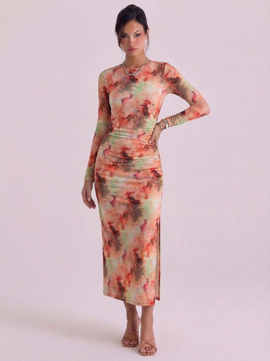 Mesh Tie Dye Midi Dress With High Slit