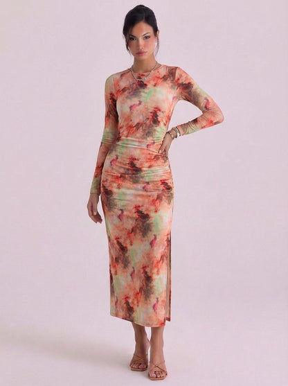Mesh Tie Dye Midi Dress With High Slit