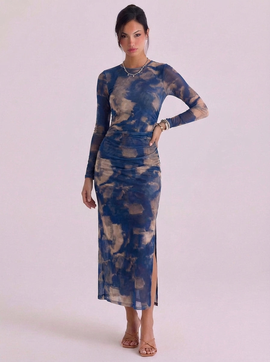 Mesh Tie Dye Midi Dress With High Slit
