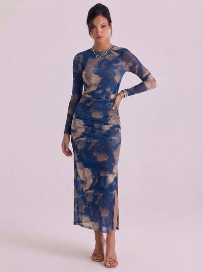 Mesh Tie Dye Midi Dress With High Slit