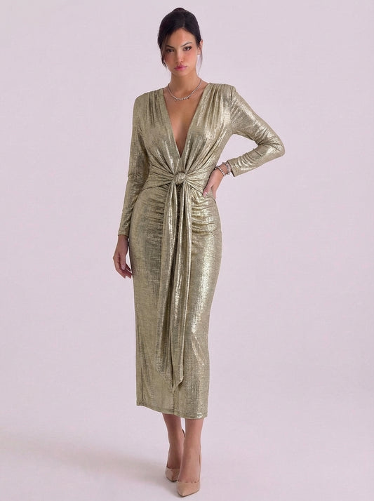 Metallic Jersey Wrap Midi Dress With Tie Front