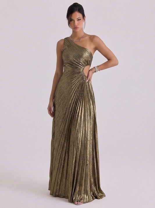 Metallic Pleated One Shoulder Gown Gathered Waist