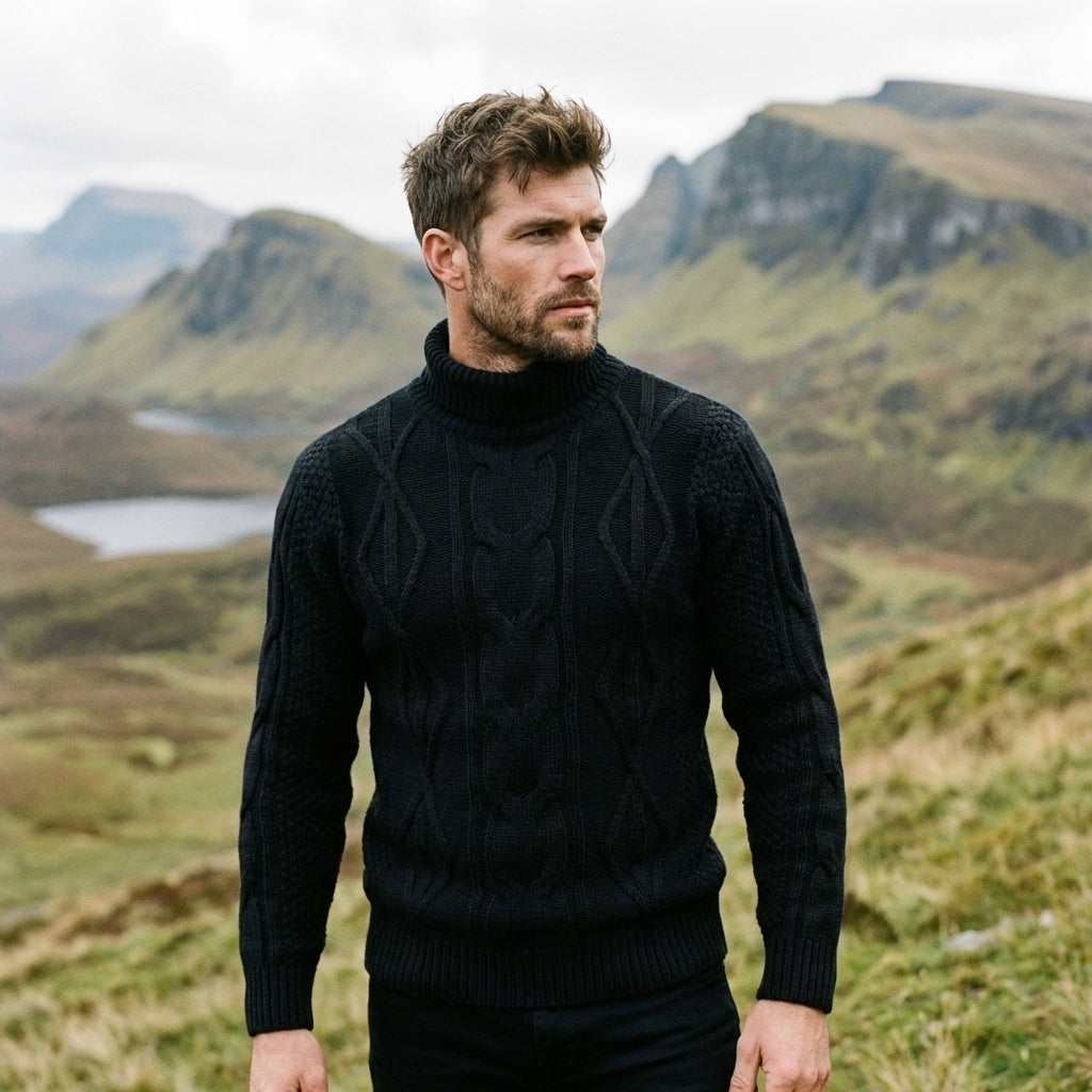 Midnight Black Aran Cable Knit Turtleneck