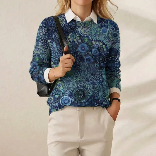 Midnight Blue Abstract Swirl All Over Print Crew Neck Sweater