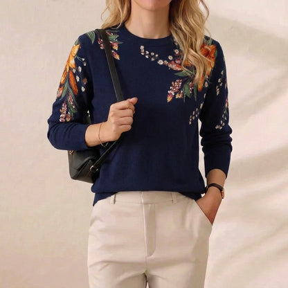Midnight Navy Wildflower Embroidered Shoulder Knit Sweater