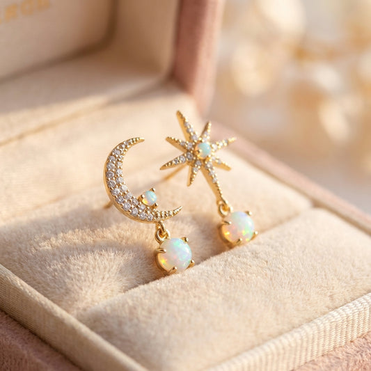 Moon And Star Earrings Made Of Gold And Opal