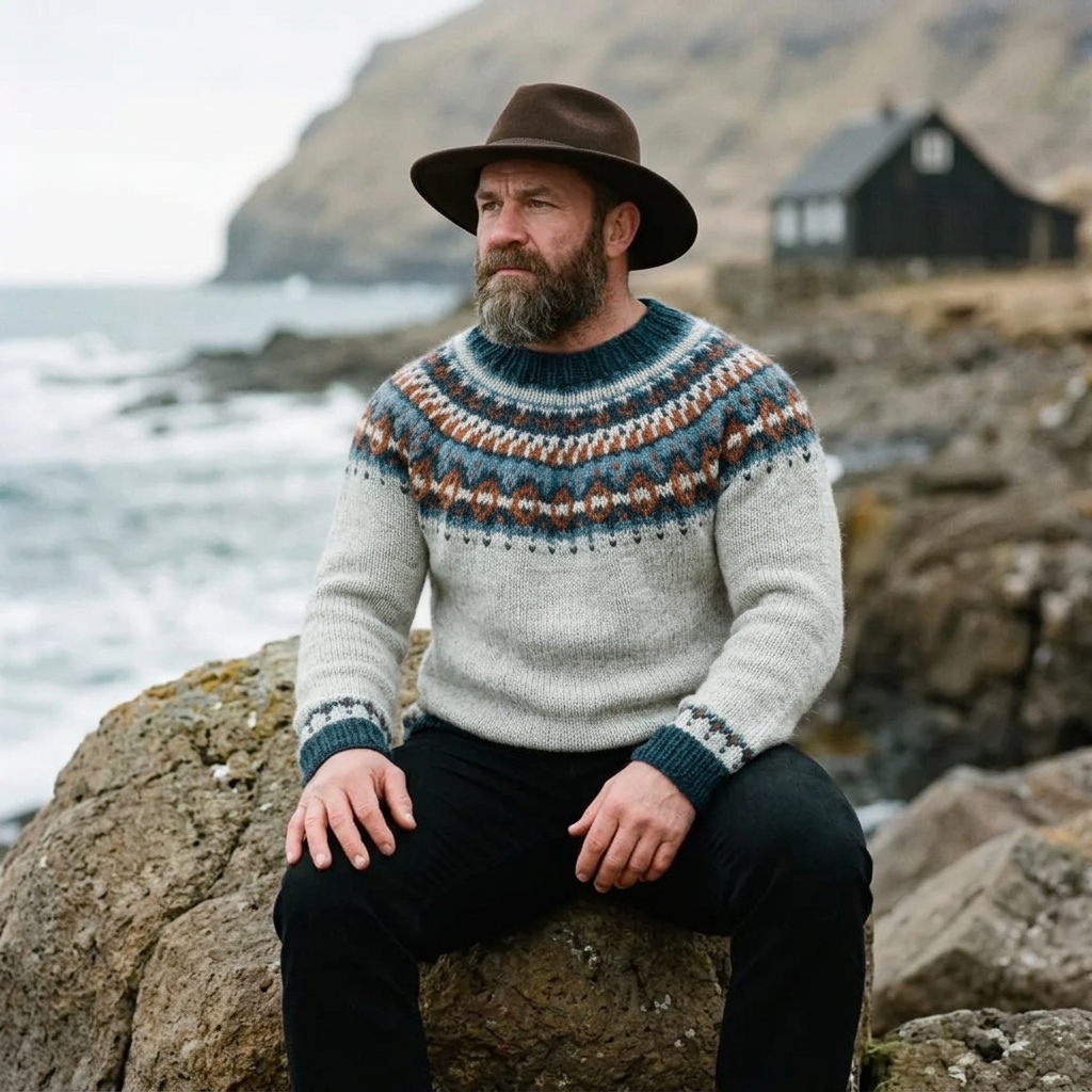 Natural Grey Teal & Rust Lopapeysa Crewneck