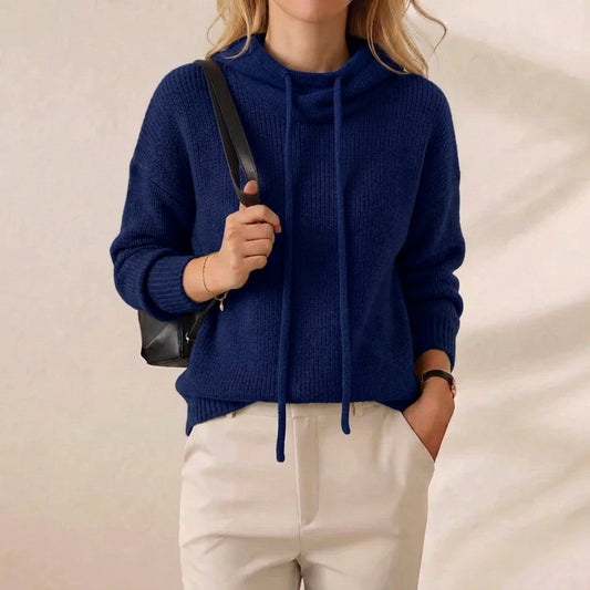 Navy Blue Ribbed Drawstring Cowl Neck Knit Pullover