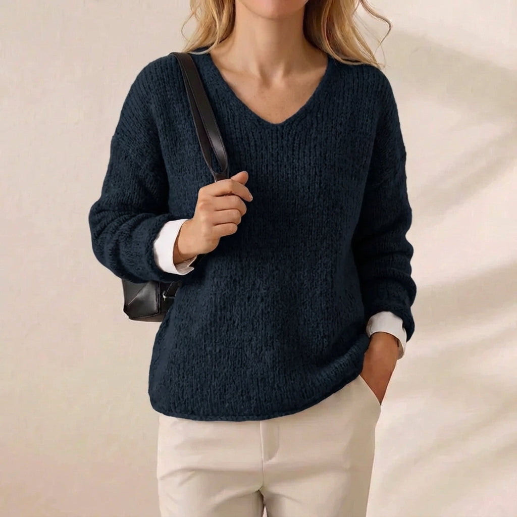 Navy Layered Cuff V Neck Knit Pullover