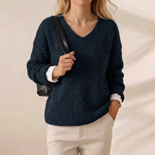 Navy Layered Cuff V Neck Knit Pullover