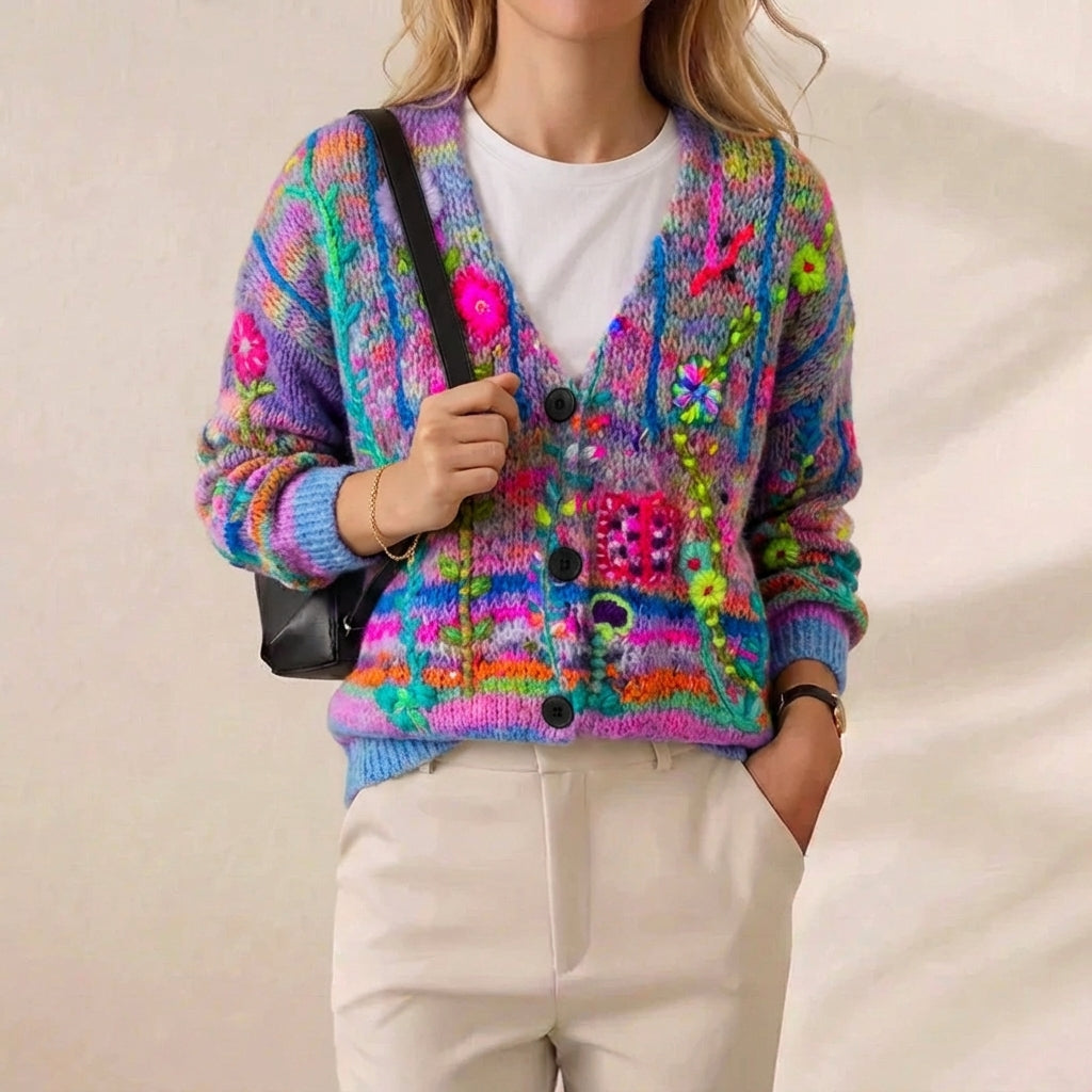 Neon Wildflower Embroidered Multicolor V Neck Button Cardigan – Blue
