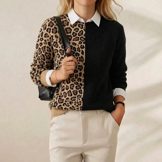Night Prowl Colorblock Knit Leopard & Black Split Crewneck Sweater