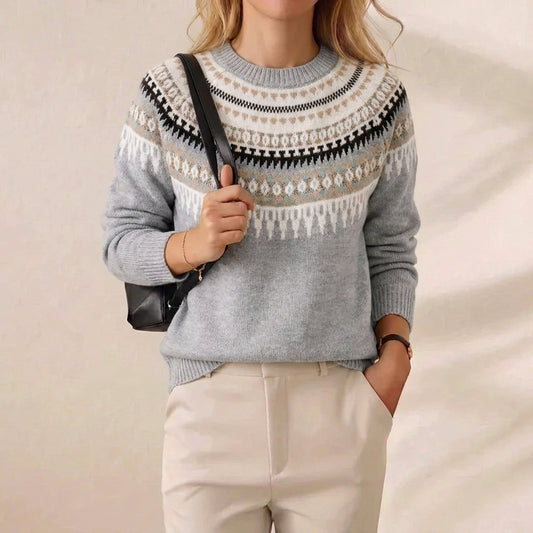 Nordic Frost Fair Isle Crew Neck Knit Sweater – Light Grey