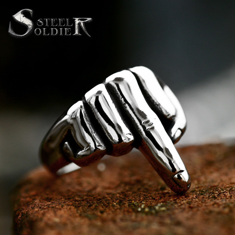 Steel Warrior Stainless Steel Vintage Men's Ring Cross-border Titanium Steel Vertical Middle Finger Punk Style Ring