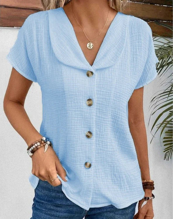 Cotton Button Front V Neck Top