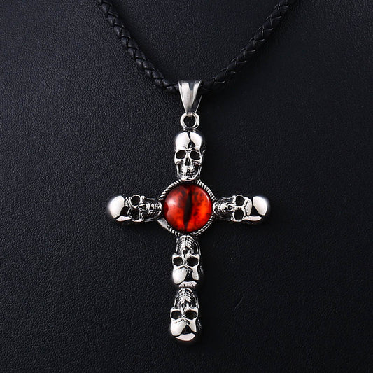 Steel Warrior Men's Jewelry Pendant Punk Biker Skull Cross Ruby Stainless Steel Pendant