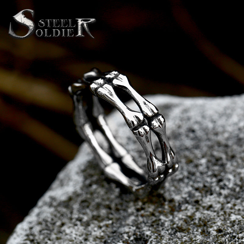 Steel Warrior Stainless Steel Casting Vintage Skull Bone Ring European And American Men's Titanium Steel Ring Jewelry