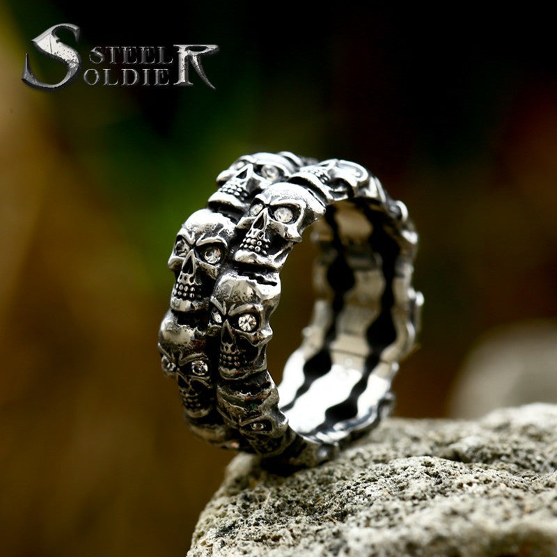 Steel Warrior Titanium Steel Skull Inlaid Gemstone Ring European And American Retro Punk Hip Hop Stainless Steel Men's Ring