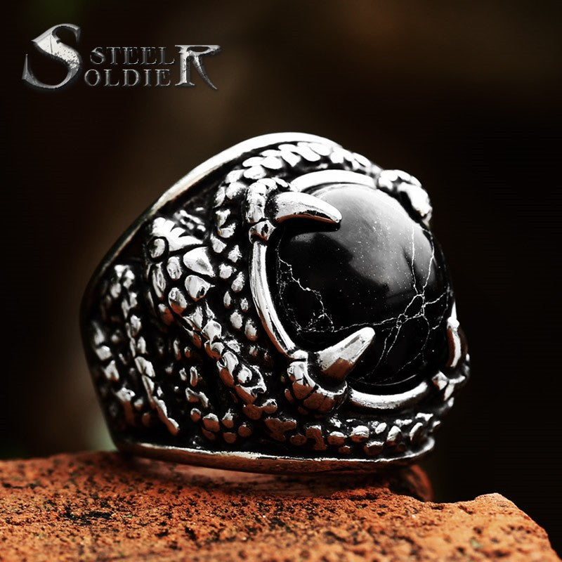 Steel Warrior Foreign Trade Stainless Steel Snake Casting Ring European And American Retro Titanium Steel Inlaid Black Turquoise Ring