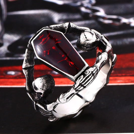 Iron Warrior Jewelry Alternative Vampire Diaries Ring Men's Titanium Steel Drop Glue Skull Coffin Ring