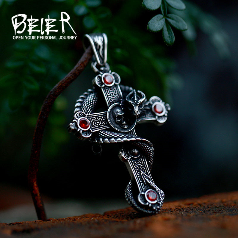 Beier Foreign Trade New Stainless Steel Gemstone Necklace Accessories Titanium Steel Vintage Cross Dragon Pendant
