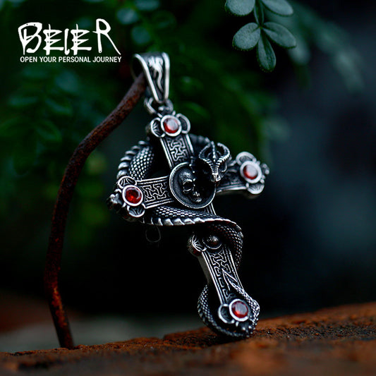 Beier Foreign Trade New Stainless Steel Gemstone Necklace Accessories Titanium Steel Vintage Cross Dragon Pendant