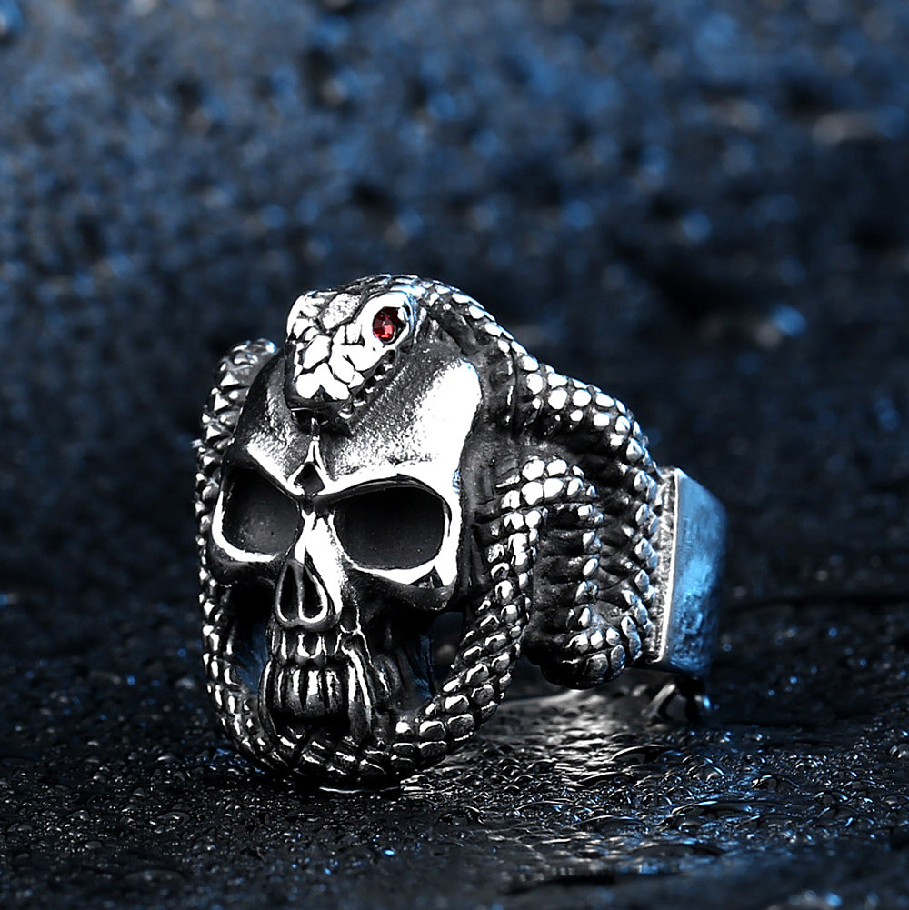 Steel Warrior European And American Exaggerated Jewelry Titanium Steel Inlaid Zircon Snake Skull Ring Men's Ring