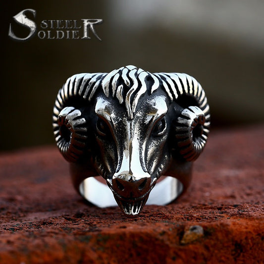 Steel Warrior Foreign Trade Stainless Steel Vintage Sheep Head Ring European And American Fashion Titanium Steel Horn Skull Ring