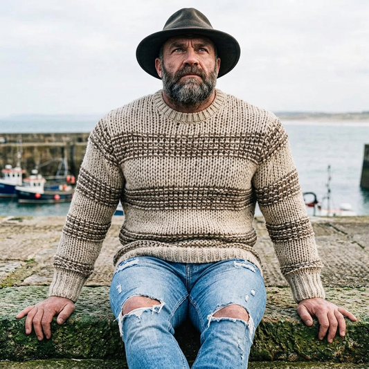Oatmeal & Brown Horizontal Stripe Fisherman Crewneck