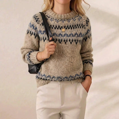 Oatmeal Denim Nordic Fair Isle Yoke Crew Neck Sweater