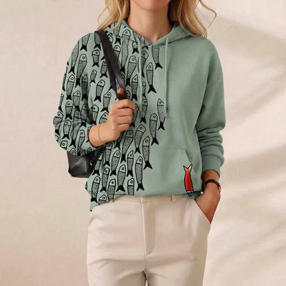 Ocean School Of Fish Graphic Print Drawstring Hoodie – Sage