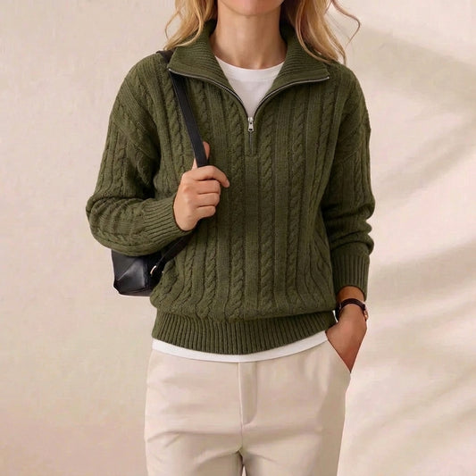 Olive Green Cable Knit Quarter Zip Collar Pullover Sweater