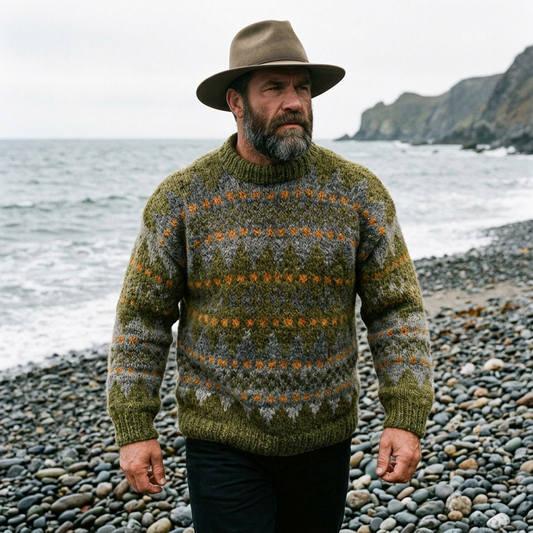 Olive Green & Grey Allover Fair Isle Crewneck
