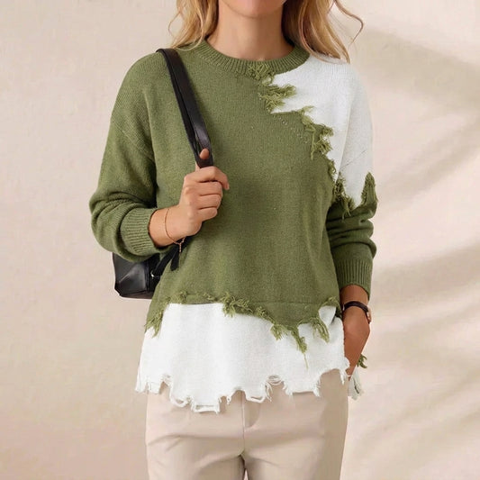 Olive & Ivory Colorblock Distressed Edge Crew Neck Sweater