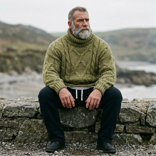 Olive Moss Chunky Aran Cable Knit Turtleneck