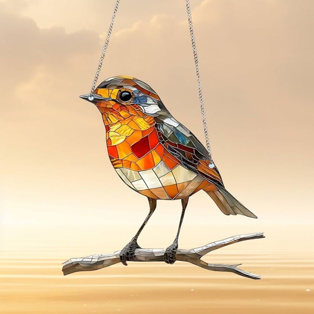 Orange Robin Bird Branch Suncatcher
