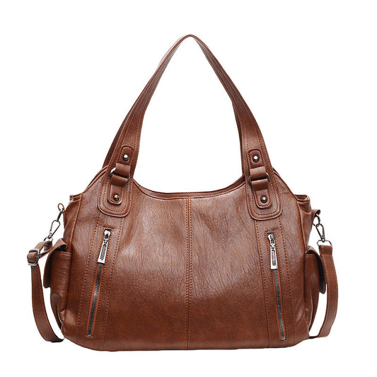 Oversized Soft Leather Dual Zip Shoulder Bag – Casual Hobo Tote With Stud Strap Detail