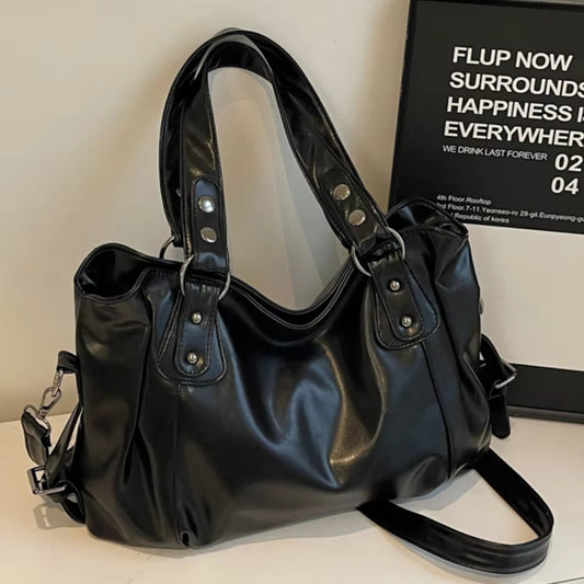 Oversized Soft Leather Hobo Shoulder Bag – Y2K Slouchy Tote With Silver Stud Detail